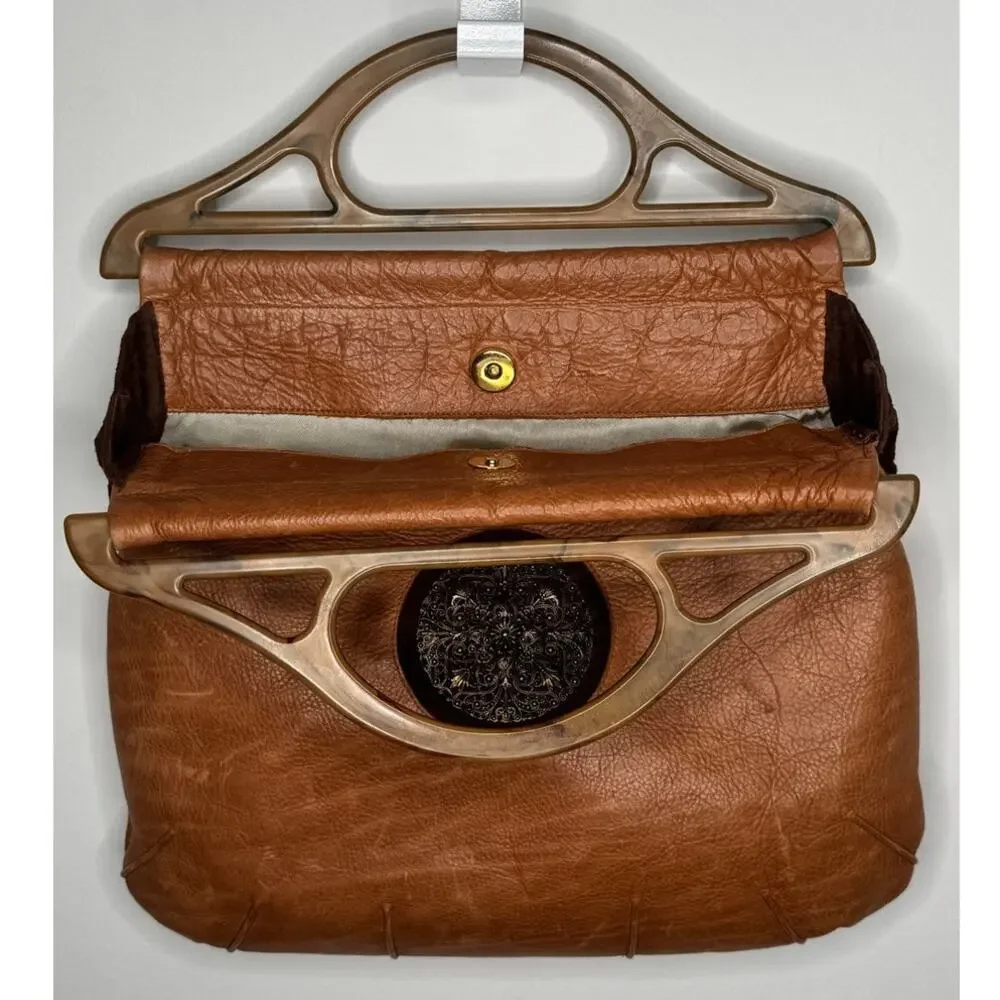1990s Lilith NYC Acrylic Handle Leather Bag Cognac Brown Suede Purse